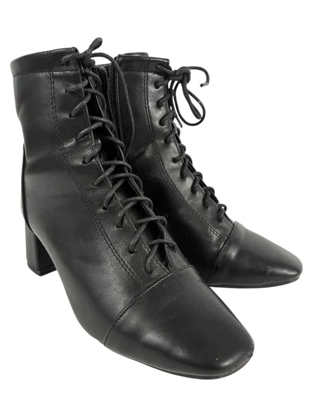 Witchy Lace-up Witch Boots Black Square Toe Fitted Ankle Smooth Vegan Leather